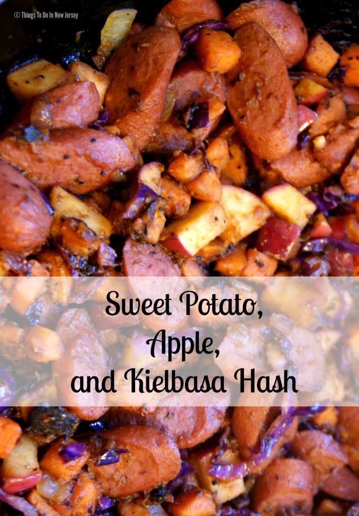 YUM!!! Sweet Potato, Apple, and Kielbasa Hash - This is such a great recipe for a cold day! It's warm and satisfying with just the right combination of sweet and savory flavors - plus it's super quick and easy to make!!! | Get the recipe at www.thingstodonewjersey.com | #sweetpotato #apple #hash #kielbasa #comfortfood #fall #winter #recipes