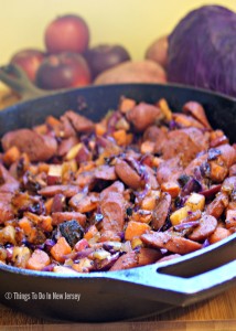 OMG - this is sooo DELICIOUS! Sweet Potato, Apple, and Kielbasa Hash - comfort food for a chilly autumn evening. Just the right combination of sweet and savory flavors, it also comes together in less than 30 minute. Quick, easy, and delicious - what more could you ask for? | Get the recipe at www.thingstodonewjersey.com | #comfortfood #fall #winter #recipes #sweetpotato #apple #kielbasa #hash #easy