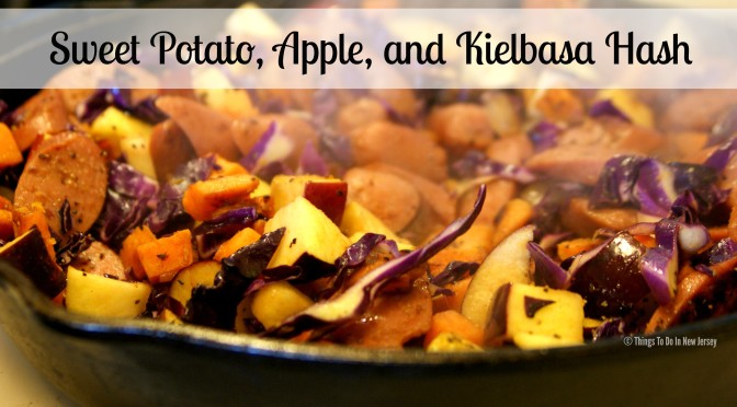 Sweet Potato, Apple, and Kielbasa Hash - YUM!!! This is such a great recipe for a cold day! It's warm and satisfying with just the right combination of sweet and savory flavors - plus it's super quick and easy to make!!! | Get the recipe at www.thingstodonewjersey.com | #sweetpotato #apple #hash #kielbasa #comfortfood #fall #winter #recipes